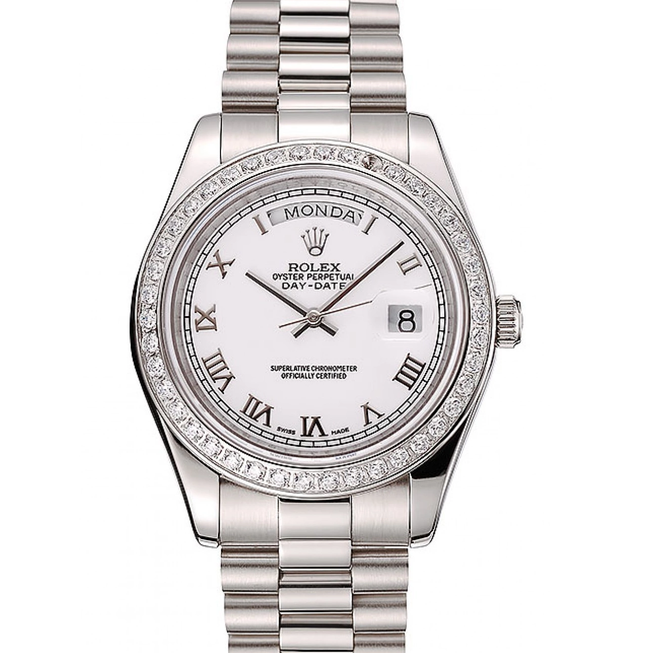 Diamond Swiss 1453967 Case Bracelet Rolex Dial White Stainless Day-Date Steel 0528